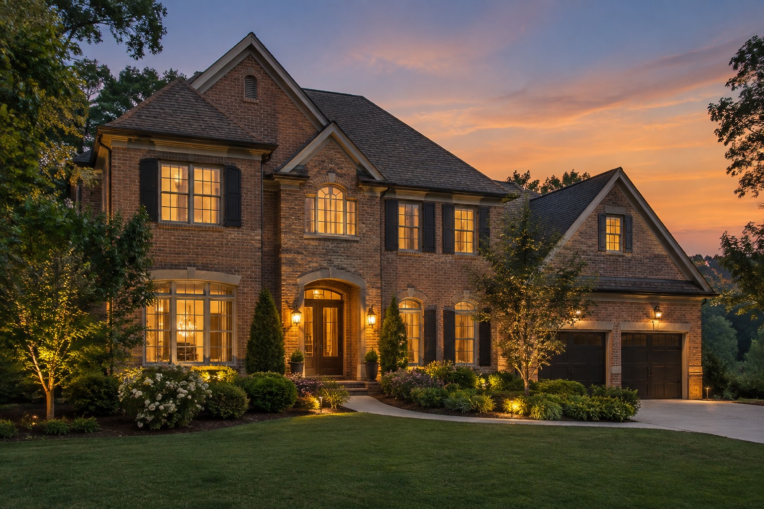 A brick home at dusk, illustrative